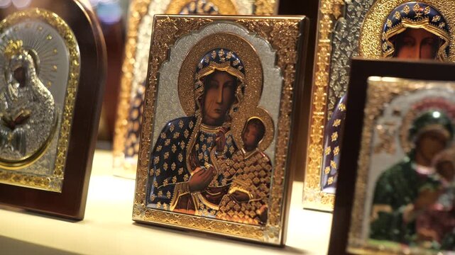 Slow close-up video of gilded Black Madonna and child religious icons on a shop shelf, ornate Christian devotional pictures with gold frames, warm light, shallow focus and no people
