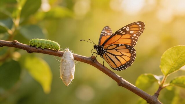 Butterfly caterpillar and chrysalis on branch