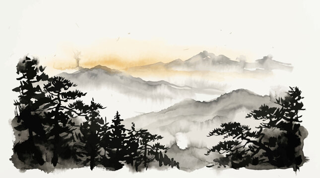 Traditional Chinese Ink Wash Painting of Misty Mountains and Pine Trees.