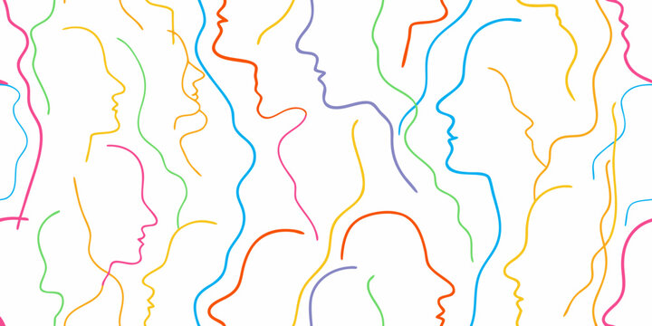 abstract face silhouettes colorful line art pattern on white background