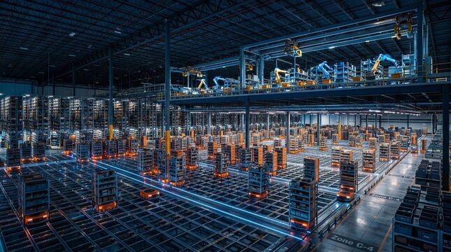 High-tech smart warehouse utilizing autonomous mobile robots for efficient inventory management.