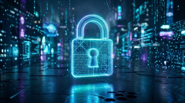 Holographic secure lock interface standing over a binary code matrix network and high-tech information systems.