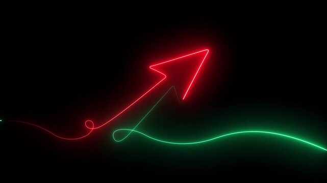 Business graph chart icon animation. Black background 4k video. Abstract growth graph, royal blue arrow moves upward, columns.