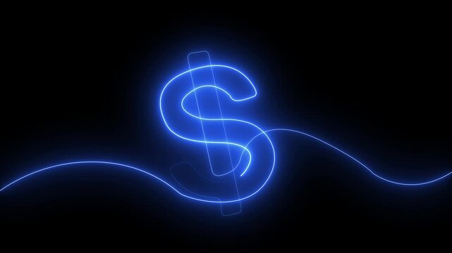 Dollar animation. Vibrant light forms a continuous loop and trailing lines against dark backdrop. Dynamic abstract shape with glowing effect.
