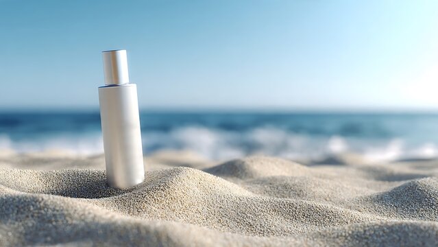 Blank white cosmetic bottle mockup on a sunny sandy beach with blurred ocean waves, perfect for sunscreen, lotion, or summer skincare product advertising with copy space.