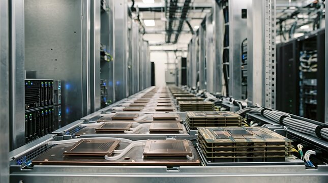 High-tech server room with rows of computer equipment, emphasizing data storage and processing power