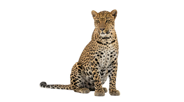 Spotted leopard sitting alert on black background.