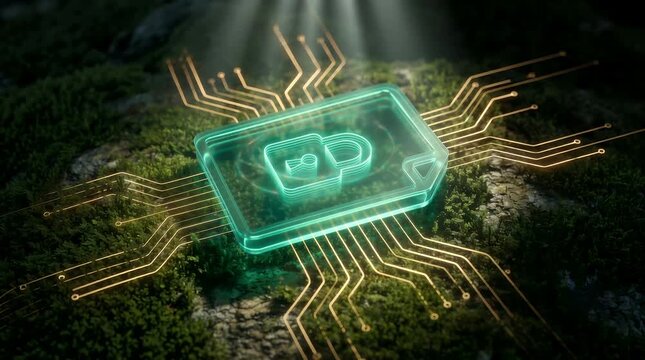 A glowing green microchip with a padlock symbol embedded in a mossy natural environment with golden circuit traces, illuminated by light rays.