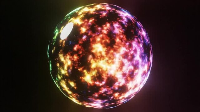 Rotating iridescent celestial orb with a glossy surface against a black background offering a mesmerizing cosmic visual effect