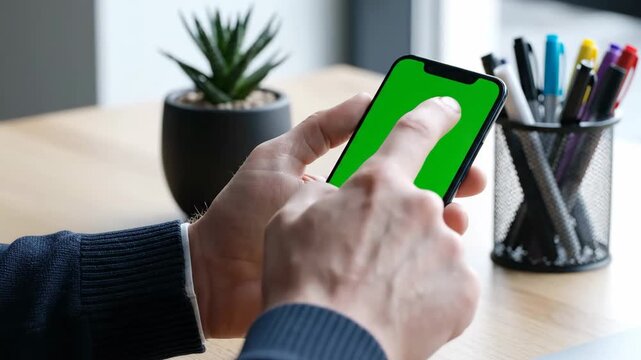 Close-up of a person's hands holding a smartphone with a green screen, interacting with the device.