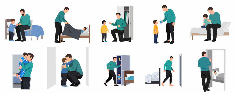 Father and son bedtime routine flat illustration set, dad caring for child during daily life activities, parenting and childhood concept
