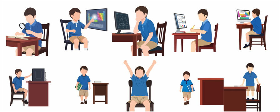 Set of flat vector illustrations of a schoolboy studying chemistry and using technology for education