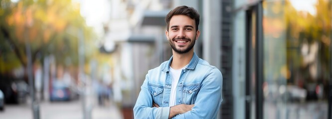Fototapeta premium Confident Young Man in City Street smiling young man with a beard, wearing a denim jacket, 