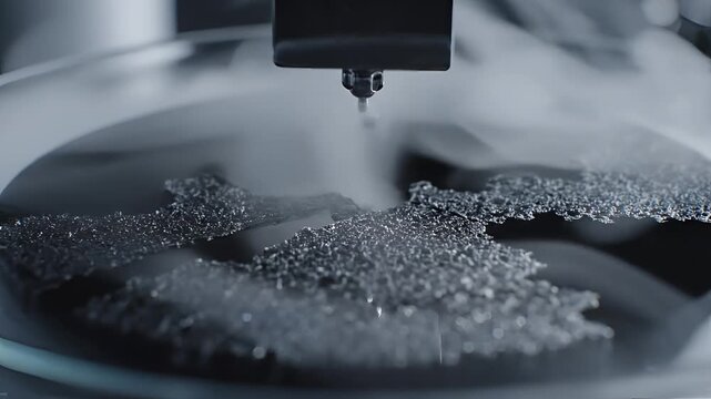 Closeup of 3D printing process with metallic powder and laser.