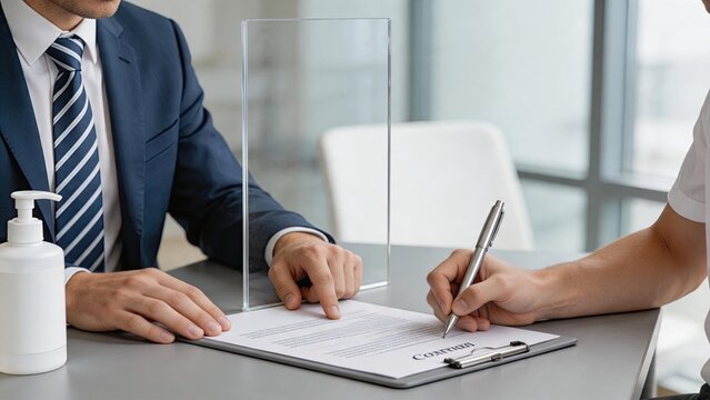 Contract signing agreement meeting with two people at desk, one pointing to document while other signs with pen