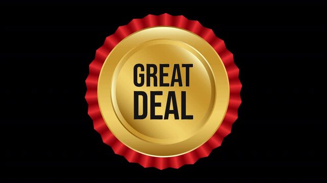 Animated Shiny Gold and Red Rosette Ribbon Great Deal Badge Looping Motion Graphic on Transparent Background