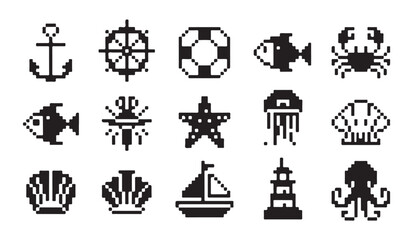 Detailed pixel art set of marine life and seafaring equipment for games and applications. © VANU