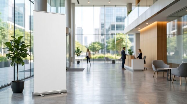 Massive blank white rollup banner mockup in modern airport terminal lounge.