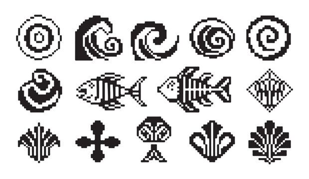 Abstract pixel art elements featuring waves shells fish bones and various geometric shapes.