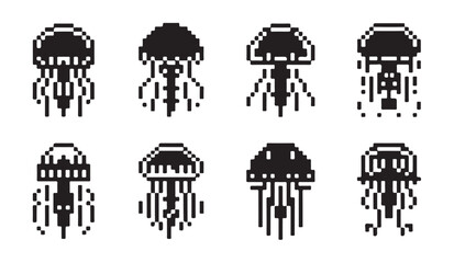 Pixel art jellyfish icons set collection of stylized underwater creatures. © VANU