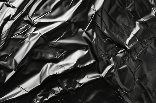 Photo of Crumpled sheet of black polythene plastic wrap. Background texture for backdrops or mapping