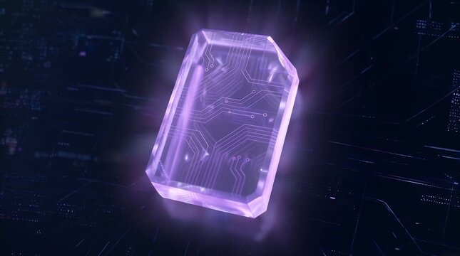 Glowing purple translucent crystal with intricate circuit patterns, representing advanced technology or data storage.