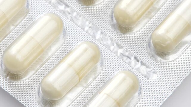 Slow macro pan across white capsules sealed in silver blister packaging, extreme close-up of generic medicine or supplement pills with glossy plastic bubbles and textured foil, no people