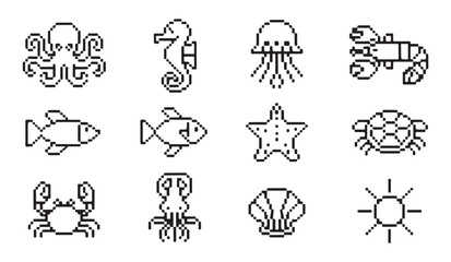Outline pixel art marine icons collection including octopus fish crab and jellyfish graphics. © VANU