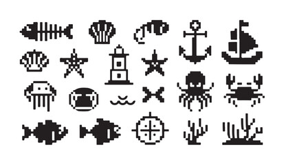 Naklejka premium Pixel ocean animals. sea animals icon set. collection of vector illustration in pixel art style.