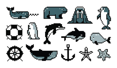 Pixel arctic animals and sea elements set. vector art of sea creatures and navigation symbols. © VANU
