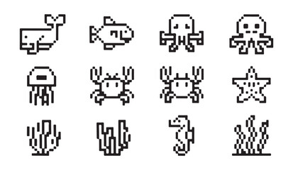 Fototapeta premium Pixel sea creatures line icons set. pixel marine animals and plants vector illustration collection.