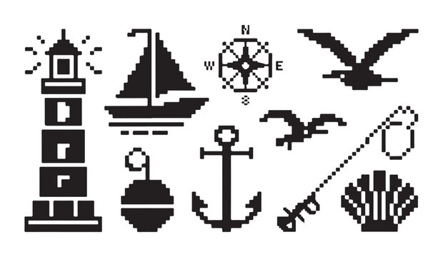 Nautical lighthouse and sailing icons set in pixel art style for maritime adventure designs.