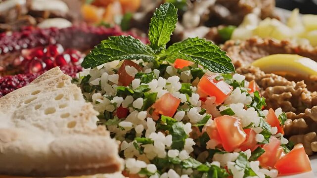 Delicious Middle Eastern Mezze Platter with Hummus and Tabbouleh.