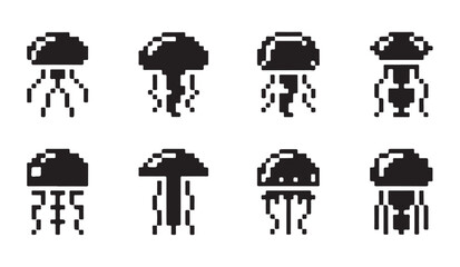 Set of eight different jellyfish pixel art icons for nautical themes and underwater games. © VANU