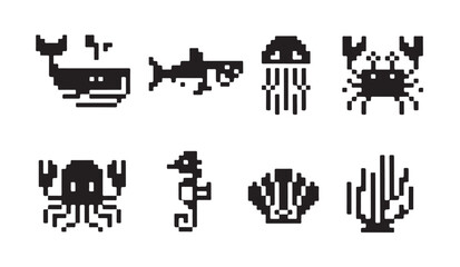 Ocean creature pixel silhouettes including whale crab jellyfish seahorse and coral plants. © VANU