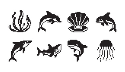 Underwater life pixel art set with dolphins shark whale shell jellyfish and sea seaweed. © VANU