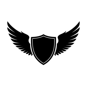 Black shield with wings logo symbol.