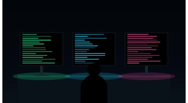 Programmer working on triple monitor setup with code animation