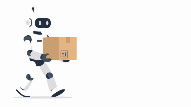 Autonomous robot carrying a cardboard box for delivery and warehouse automation in a flat vector style