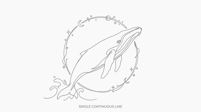 Humpback Whale Breaching from Ocean Waves, Celestial Moon and Stars Circle, Single Continuous Line Art
