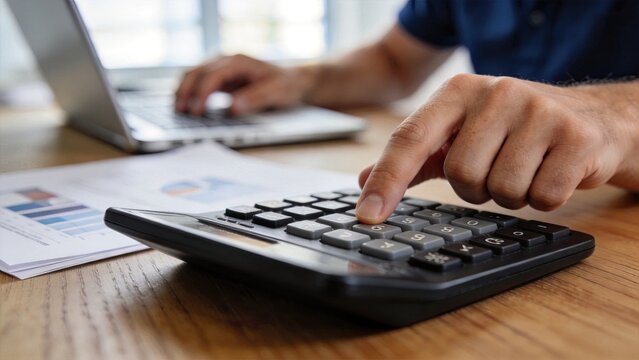 Close-up of man's hand using calculator on wooden desk with laptop and financial charts in background, business accounting concept