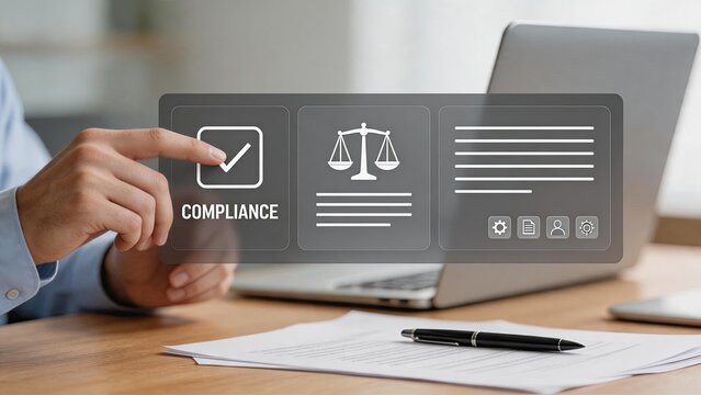 Businessman interacting with digital compliance interface, selecting legal checklist on virtual screen for regulatory adherence and corporate governance management in modern