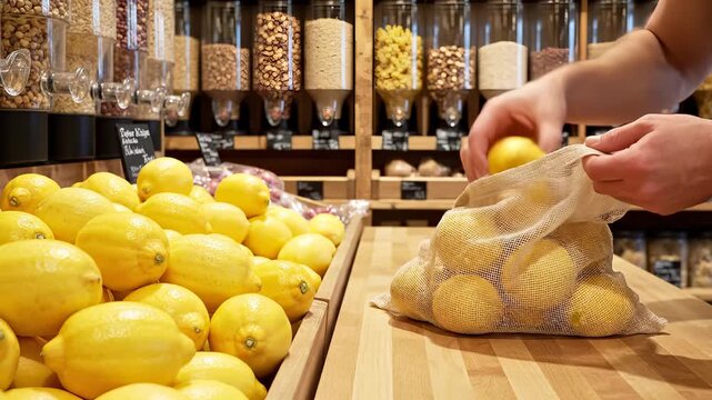 Lemons in Zero Waste Store Person Fills Reusable Bag with Fresh Citrus Fruits at a Sustainable Grocery Store Emphasizing Eco friendly Shopping and Healthy Eating