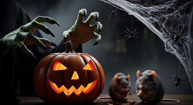 Halloween pumpkin with scary hands and rats against dark background