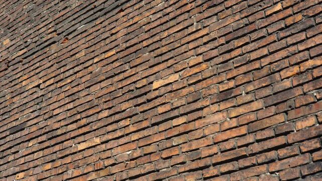Slow pan across an old red brick wall in angled perspective, weathered masonry facade with rough mortar joints, sunlit urban building texture background, full frame construction material, no people