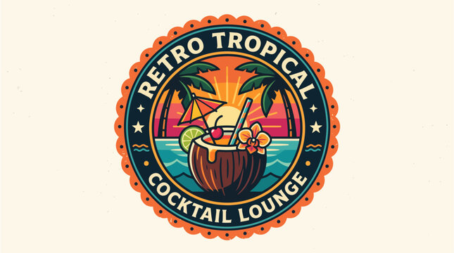 Retro tropical cocktail lounge vector badge featuring a coconut drink sunset beach palms summer vacation party and exotic bar label