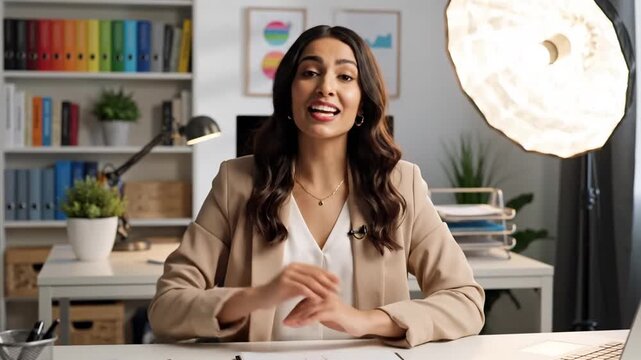 Businesswoman talking and gesturing during online presentation in office.