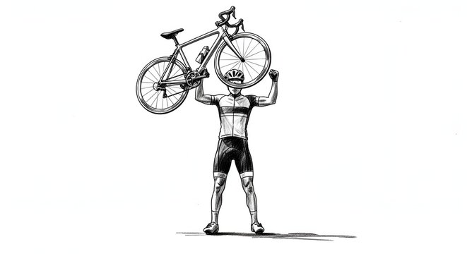 Athletic man holding bicycle above head in triumph pose.