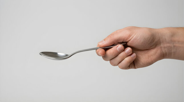 Side profile close-up of a man's hand holding a single stainless steel spoon in a horizontal position against a plain neutral gray studio backdrop