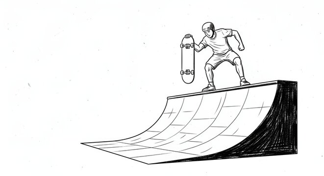 Skateboarder performing trick on wooden ramp illustration.